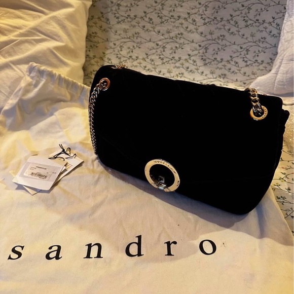 Sandro Handbags - Sandro Black Velvet Shoulder Bag with Gold-Tone Chain